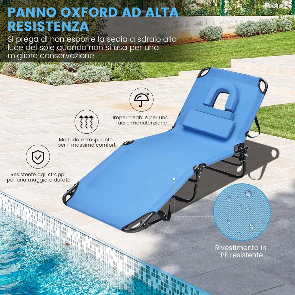Lettino Pieghevole Spiaggia, Lettino Sdraio da Mare con Foro per il Viso e 3 Cuscini Rimovibili, Schienale Regolabile 5 Posizioni, Lettino Prendisole da Campeggio, Portata 160kg (1, Blu)
