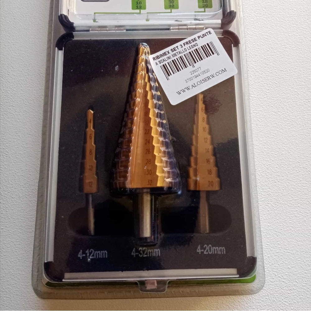 Ribimex set 3 punte frese a scalini hss per legno acciaio plastica