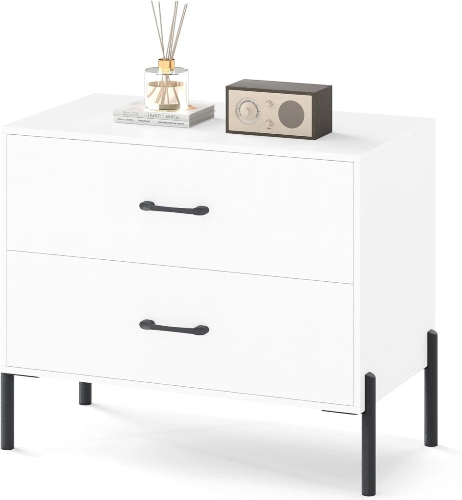 Cassettiera a 2/5 Cassetti, Comò Camera da Letto Moderno con Gambe e Maniglie in Metallo, Mobile Portaoggetti per Soggiorno, Ufficio, Studio, Bianco (Con 2 Cassetti)
