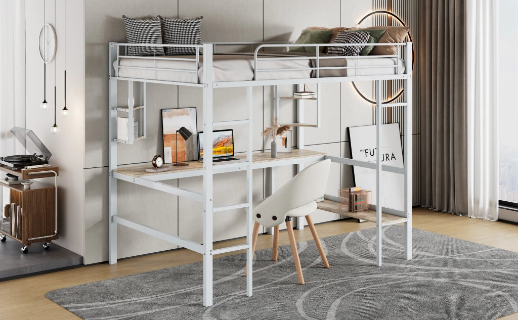 DESMIU Letto a soppalco 90 × 200 cm 1 posto con scrivania, 4 mensole e libreria, senza materasso, in metallo, bianco