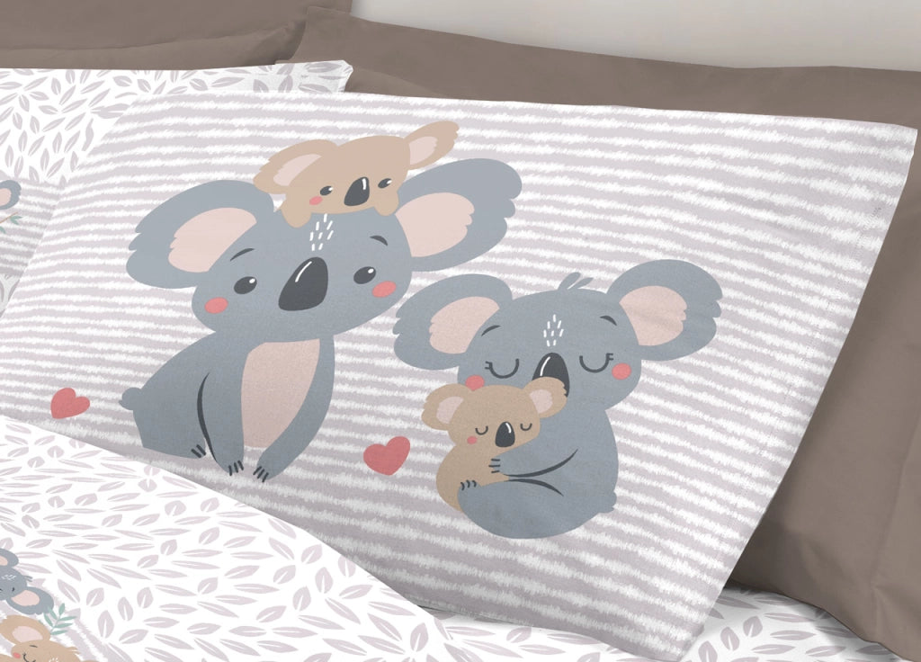 Completo Lenzuola Letto Pensieri Delicati 100% Cotone Dis. Koala Family - Piazza E Mezza - Beige