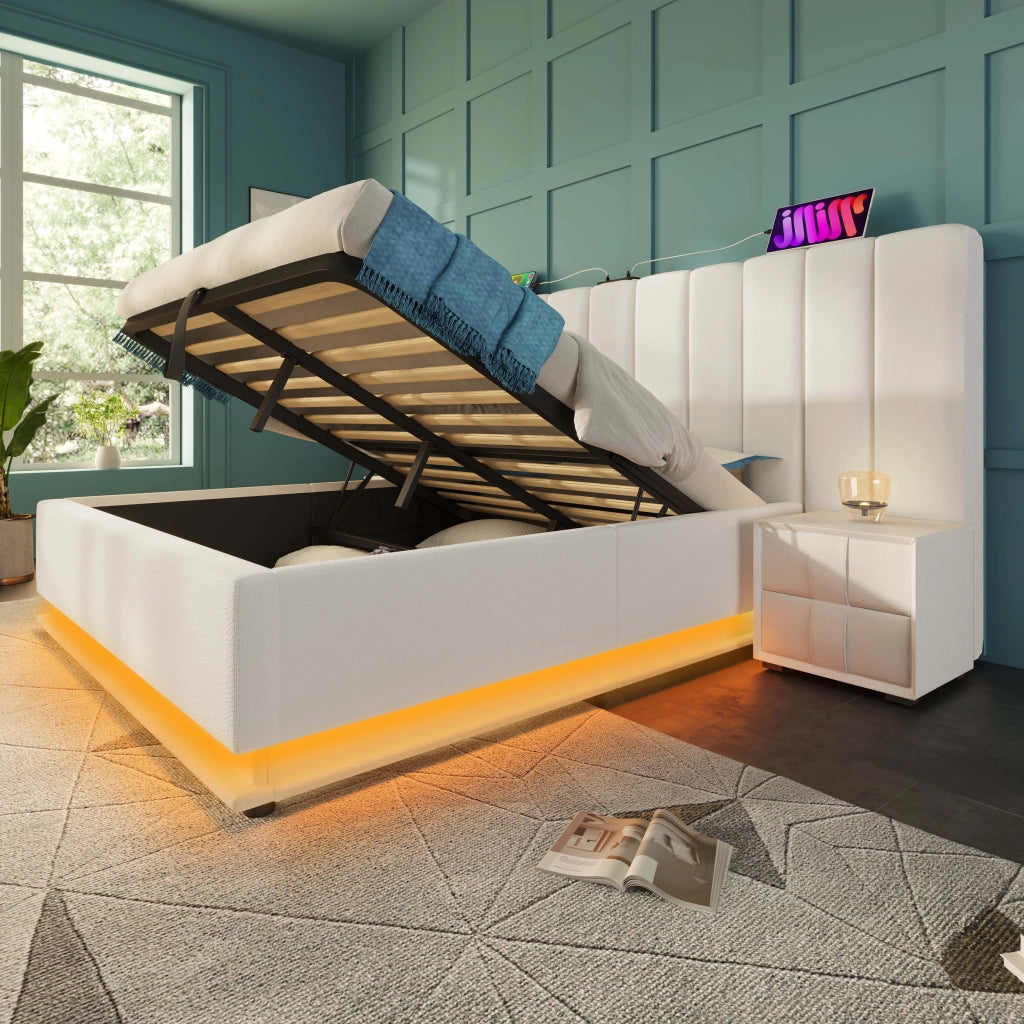 Letto Contenitore Letto Matrimoniale con USB; Tipo C e LED Regolabile 180×200 cm; senza Materasso; PU