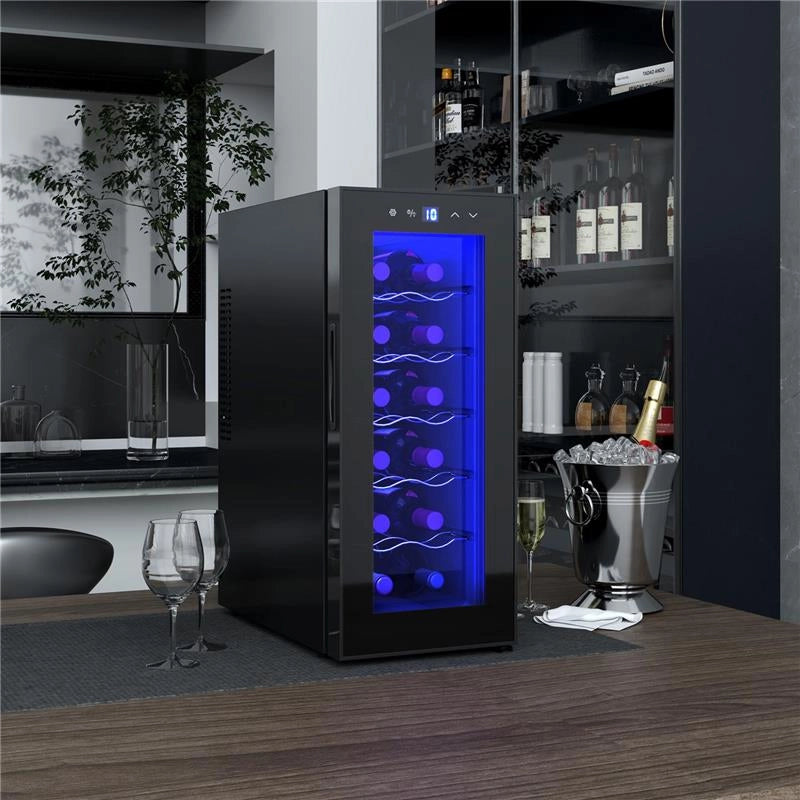 CANTINETTA FRIGORIFERO PER 12 BOTTIGLIE CON DOPPIO CONTROLLO TEMPERATURA RIPIANI REGOLABILI E LUCI NERO 51.5X26.5X65 CM