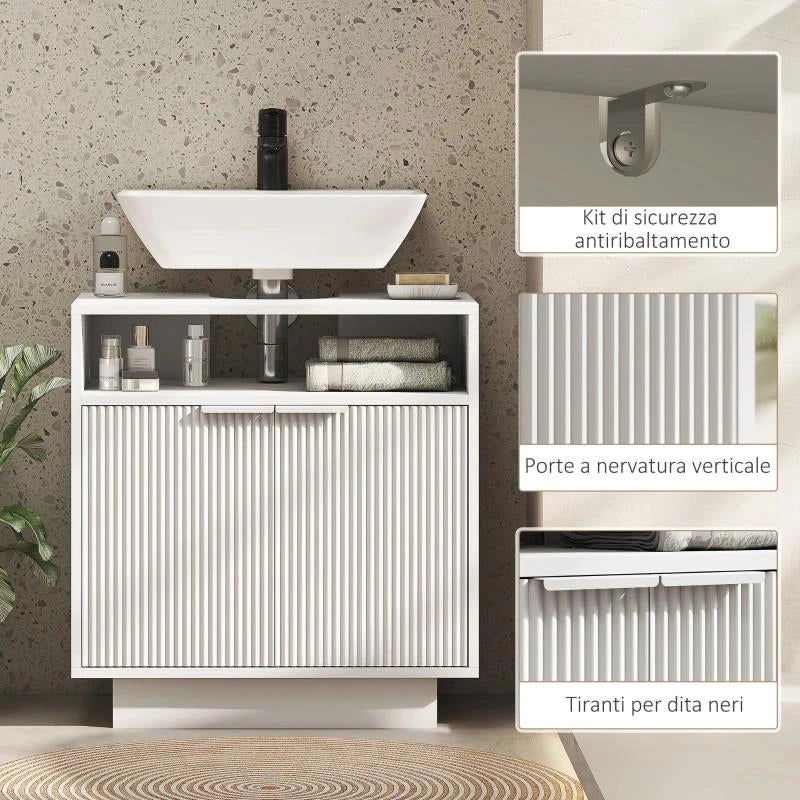 MOBILE SOTTO LAVABO BAGNO CON RIPIANO INTERNO REGOLABILE E RIPIANO APERTO, IN LEGNO, 60X33X63 CM, BIANCO