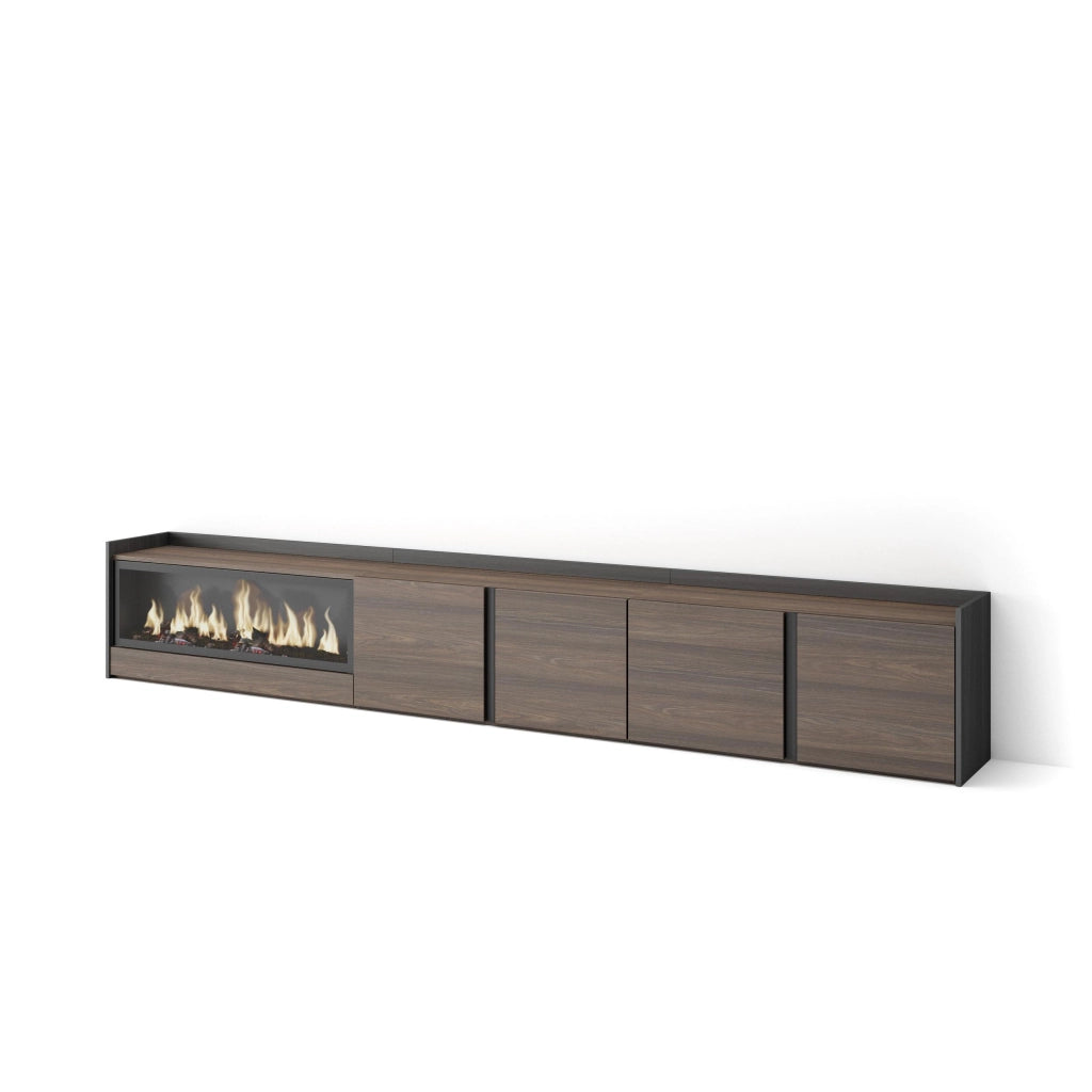 Mobile TV Soggiorno, 315x50x35 cm, Per TV fino a 80", Camino elettrico XXL, Rovere scuro e Nero