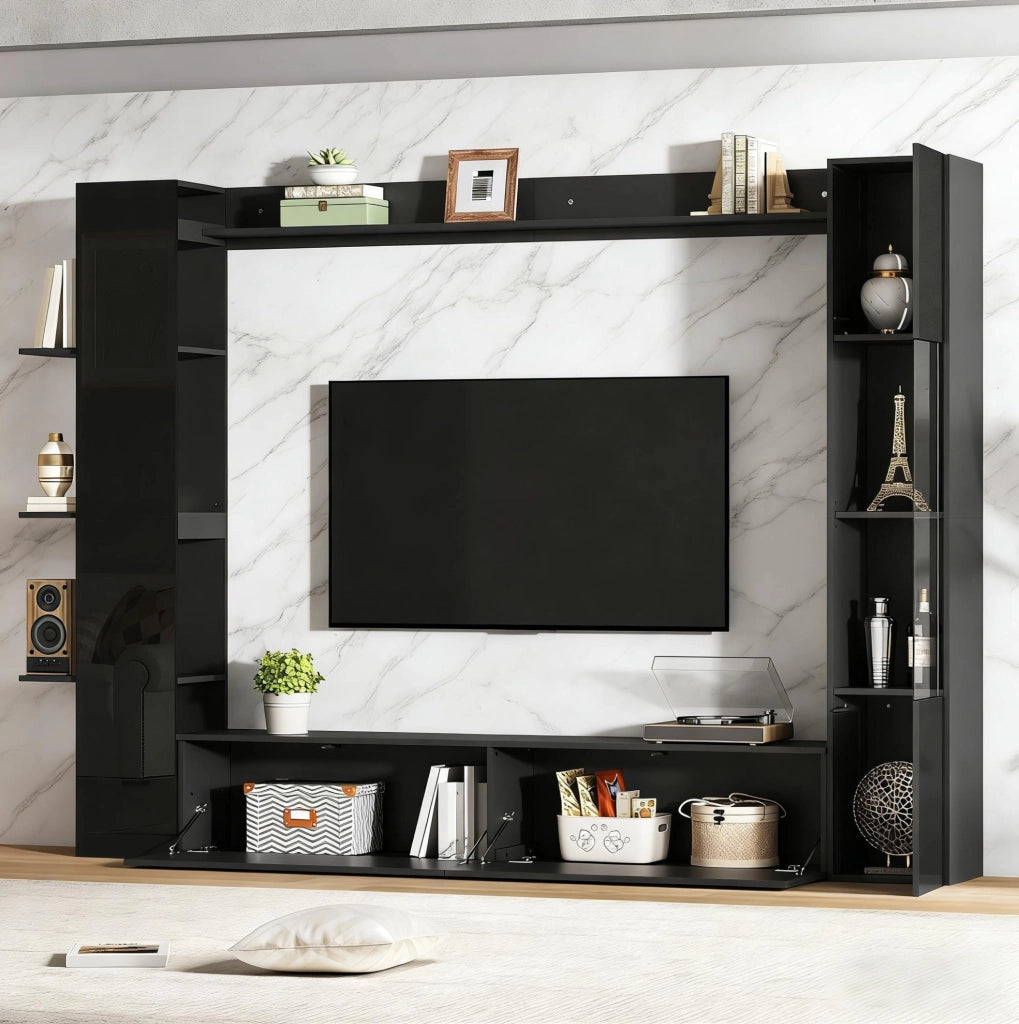 Parete TV con pensile integrato; 245x30x170 cm; MDF; nero