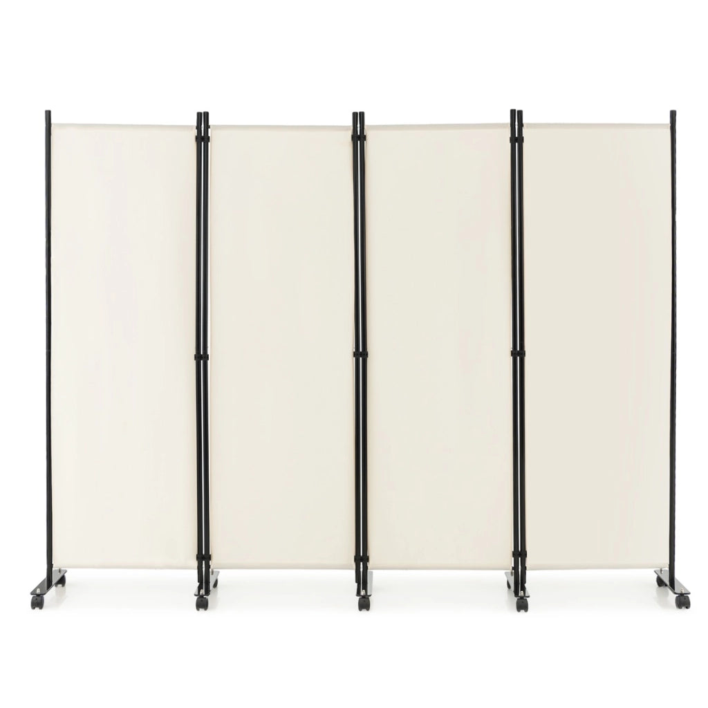 Divisorio con 4 pannelli su ruote-Paravento portatile in tessuto per casa ufficio soggiorno Beige