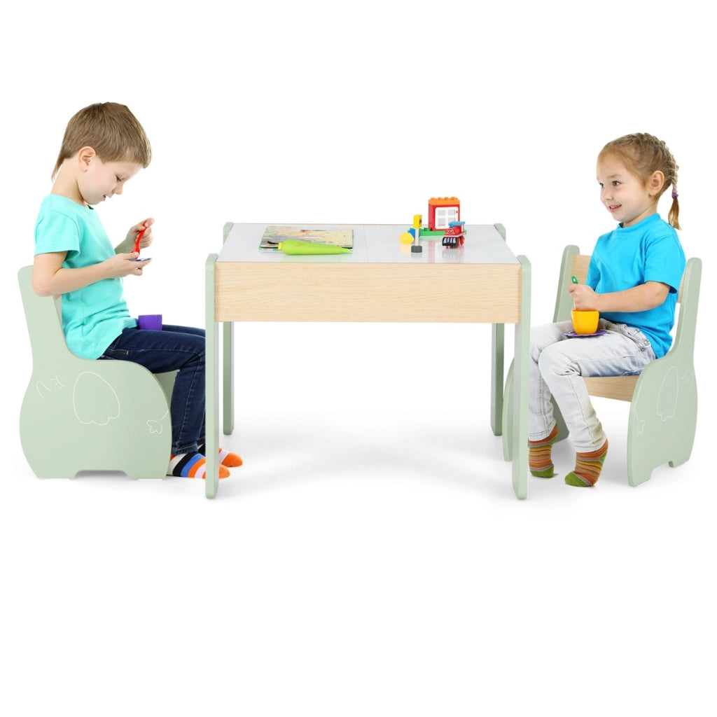 Set di tavolo e sedie per bambini con deposito lavagna rimovibile-Set di mobili 3 PCS per ragazzi e ragazze Verde