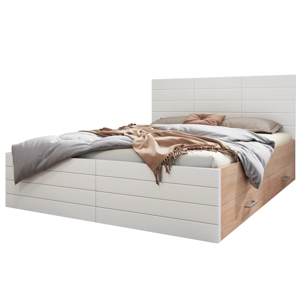 OKWISH Letto con Cassetti 140×200 cm, Letto Matrimoniale con 2 Cassetti e Ampio Spazio Contenitore, senza Materasso, in Legno Massello e MDF, Bianco e Rovere