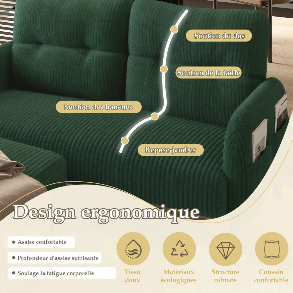 Divano 2 Posti con Schienale Ergonomico; Tasca Laterale e Seduta Profonda in Velluto a Coste Verde Smeraldo 120 × 75 × 79 cm