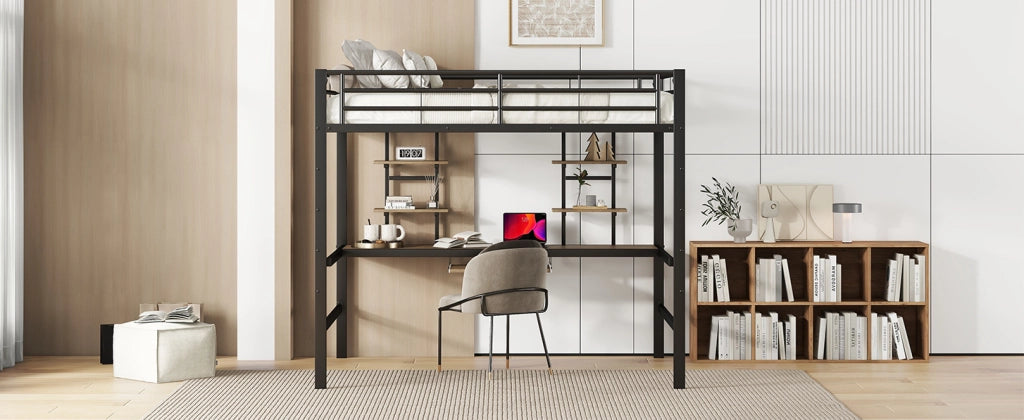 Letto a soppalco in metallo con scrivania e due scaffali, struttura robusta 140x200 cm colore nero