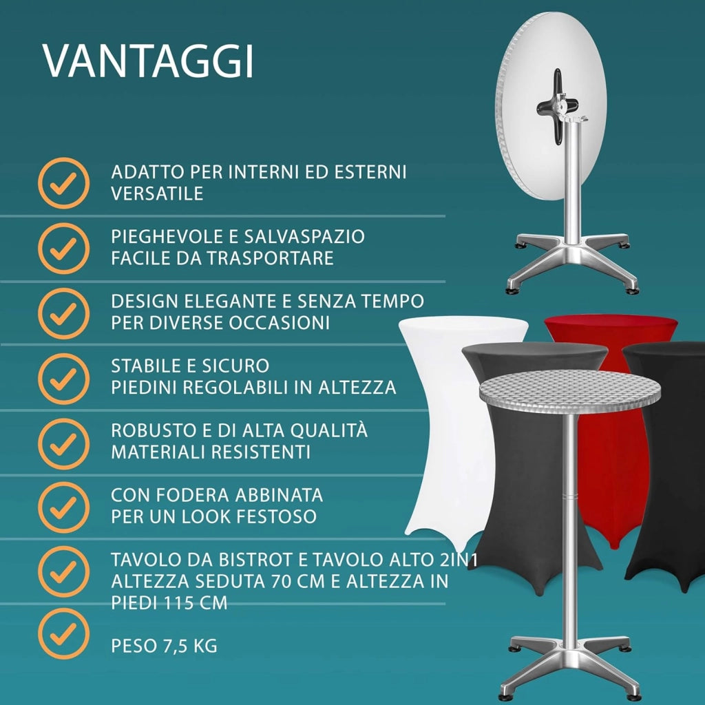 ® Tavolo Alto da Bar 2in1 con Fodera Regolabile in Altezza 70 cm / 115 cm in Alluminio Rotondo Ø60 cm Pieghevole per Esterni Giardino Bistrot Feste Tavoli da Ricevimento