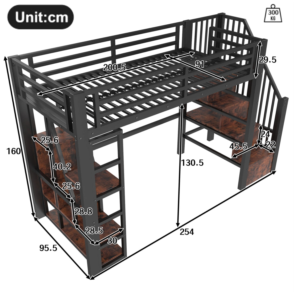 Letto a soppalco 90 x 200 cm nero con LED, scala contenitore e ripiani