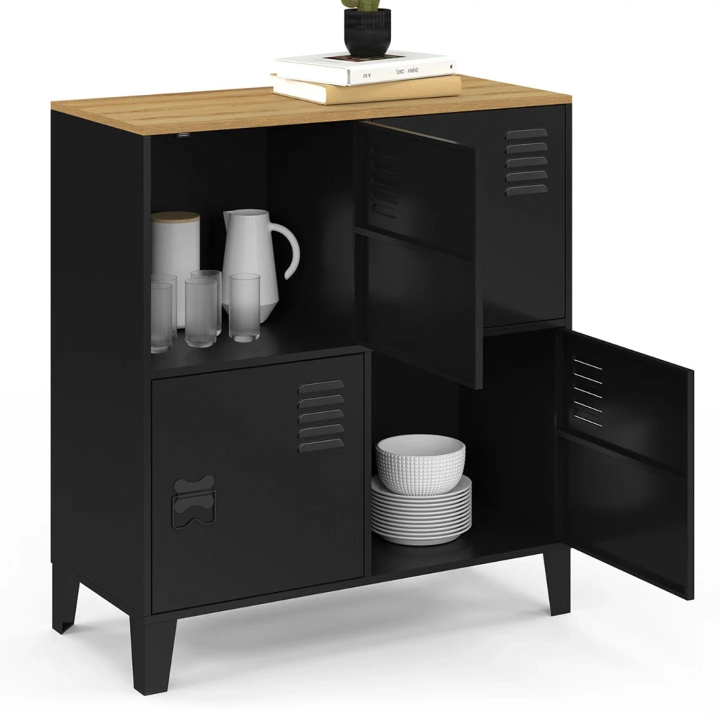 IDMarket - ESTER Credenza a 4 ante in metallo nero con piano in legno dal design industriale, altezza 70 cm