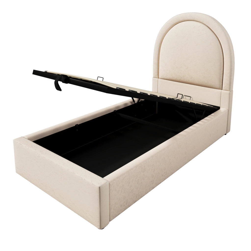 Letto imbottito per bambini 90x200 cm in PU beige con contenitore e rete a sollevamento idraulico
