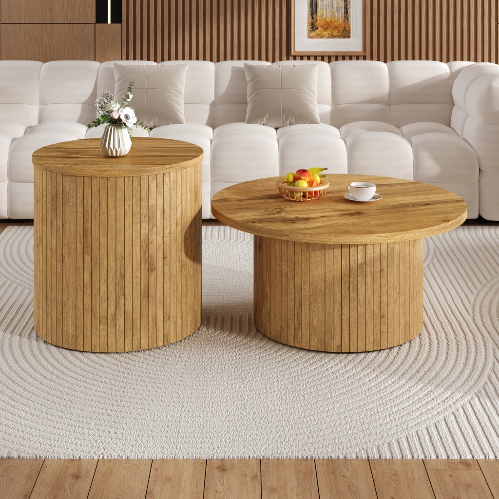Tavolini bassi impilabili con 2 piani rotondi; design componibile per soggiorno; in MDF; 75 × 75 × 36 cm; Naturale