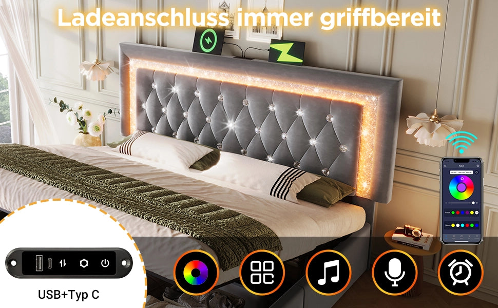 Letto Imbottito Contenitore 140x200 Velluto con LED, USB, Idraulico e Rete ¨C MINIMAL ¨C Grigio