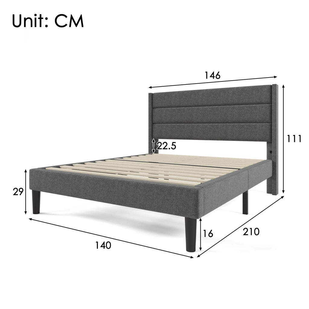LETTO imbottito 140x200 cm in tessuto grigio con materasso incluso