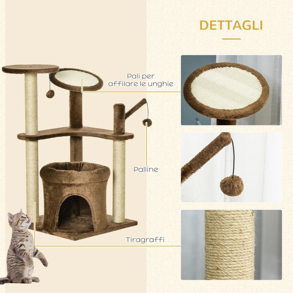 Albero Tiragraffi per Gatti 48x48x87 cm in Corda Sisal Rivestimento in Peluche Caffè