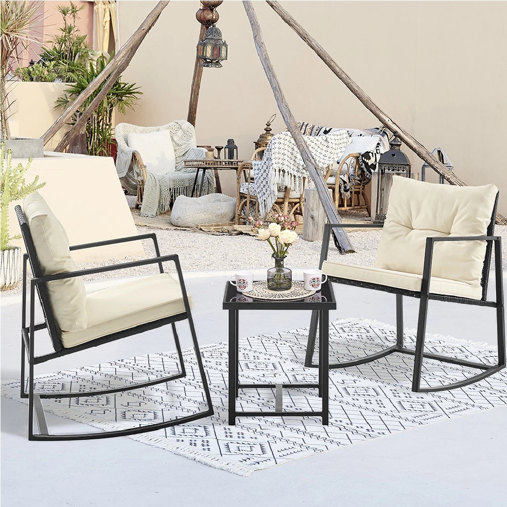 Set Tavolo e Poltrone Dondolo da Esterno Giardino Polyrattan con Cuscini Lavabili