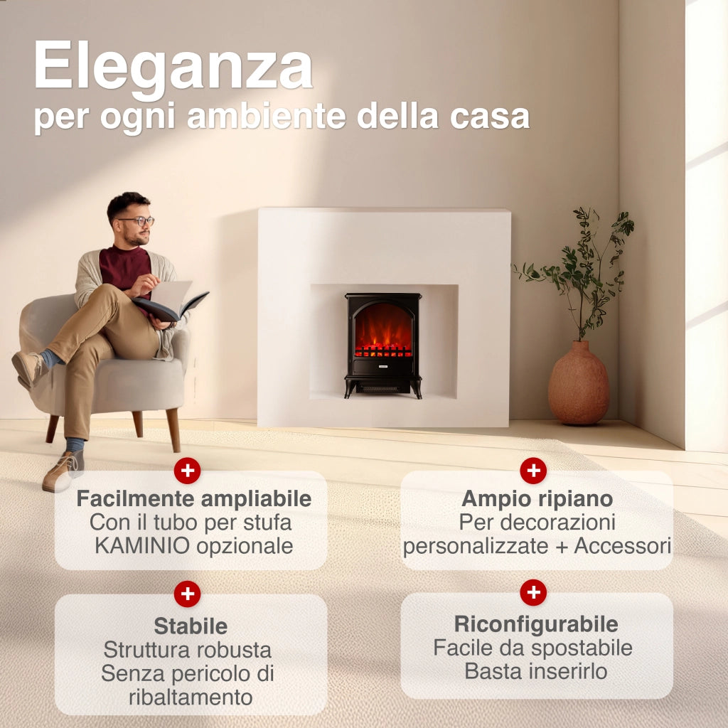 KAMINIO Camino elettrico LENI - Stufa elettrica con riscaldamento, effetto fiamma 3D - Nero