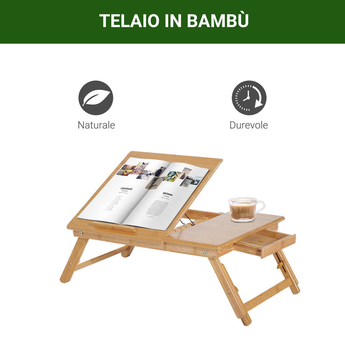 Tavolino da Letto per PC Portatile con Sistema di Raffreddamento in Bambù 55x35x22-30 cm