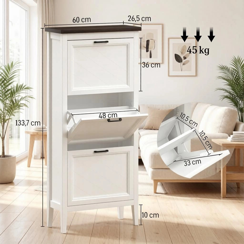 Scarpiera con 3 ante ribaltabili e ripiani regolabili per ingresso in MDF bianco 60 × 26,5 × 133,7 cm