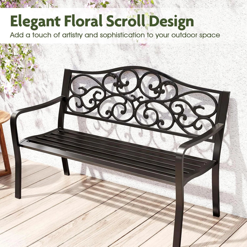 Panca da giardino a 2 posti, panca da parco in metallo, sedia da parco con schienale reclinabile, carico di 300 kg, per balcone, terrazza, nero, 128 x 62 x 89 cm, motivo: ali di vite