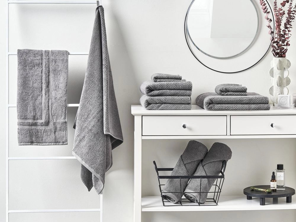Set di 9 asciugamani in morbido cotone grigio con motivo a spina di pesce stile varie dimensioni classico ospiti bagno