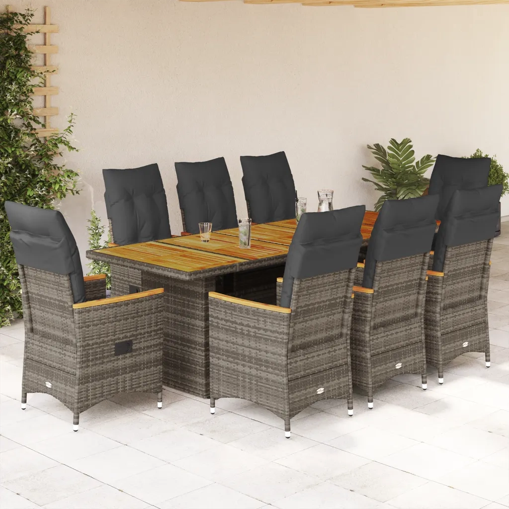 vidaXL Set Bistrò da Giardino 9 pz con Cuscini in Polyrattan Grigio