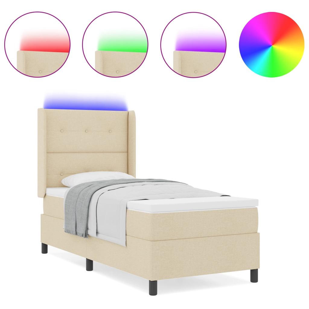 Letto Box Spring con Materasso e LED Crema 90x200 cm in Tessuto