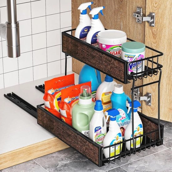 Sostegno metallico per sottozona con pannelli in legno - Organizzatore multifunzionale per la zona sotto il lavabo