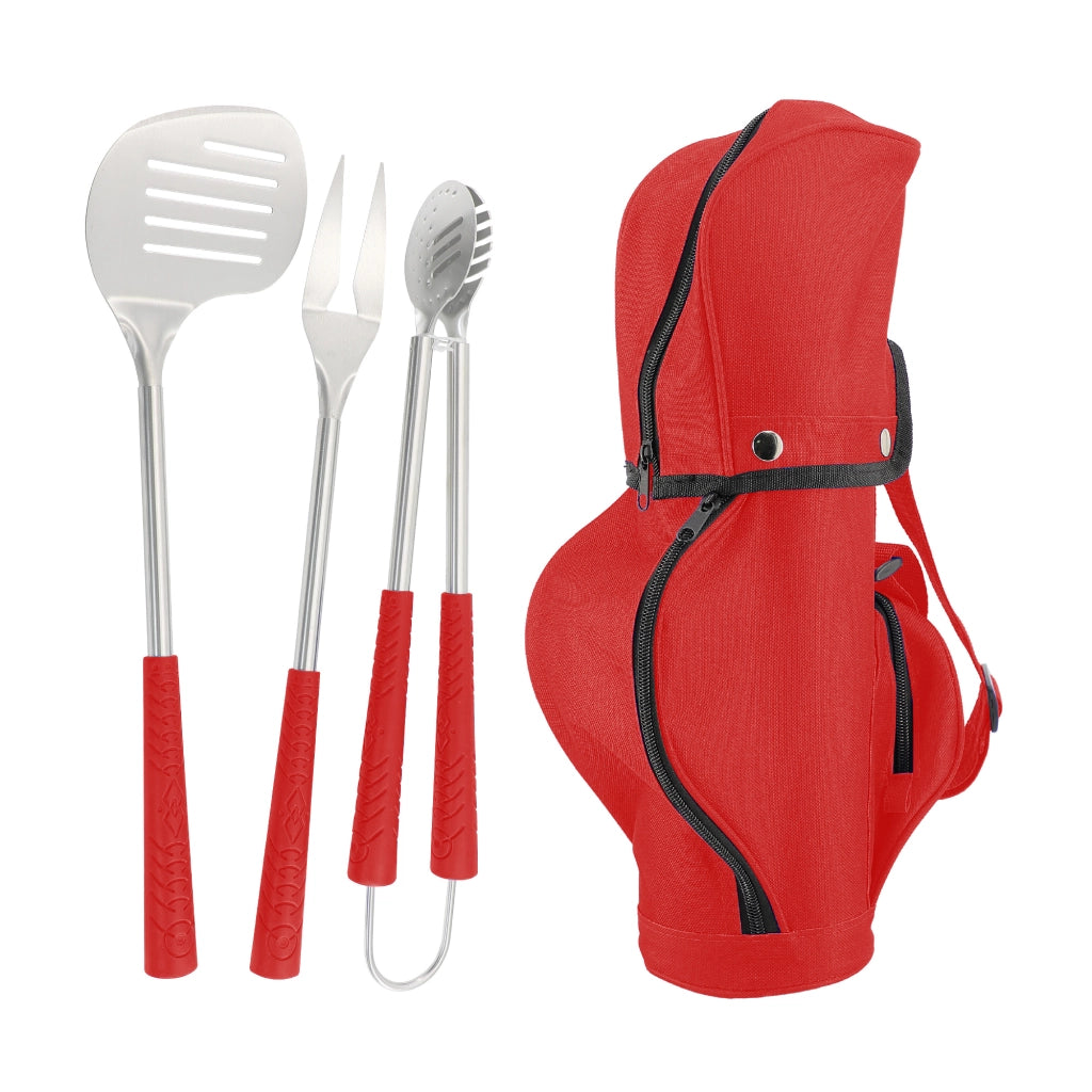 Set Accessori Barbecue 4 Pezzi con Borsa Porta Utensili Stile Golf – Utensili BBQ Pinza, Forchettone, Spatola in Acciaio Inox 430 Certificato per Alimenti – Manico Antiscivolo con Custodia e Tracolla