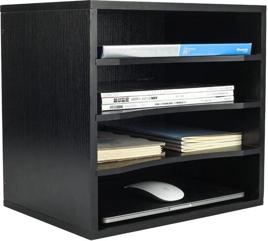 Organizzatore da scrivania 4 compartimenti in legno, contenitori da archiviazione stivellabili, cassetto per documenti in legno, classificatore da scrivania e posta, nero
