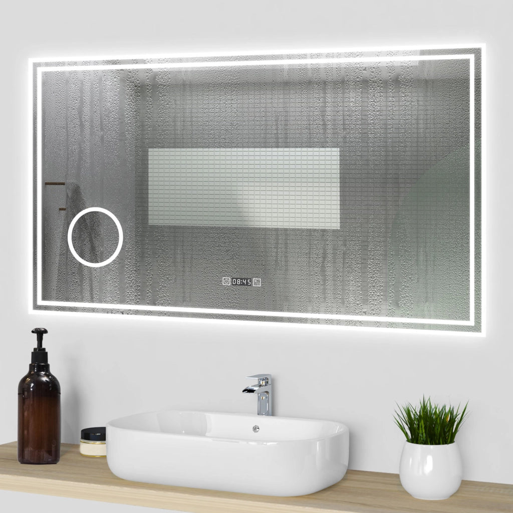 Specchio da bagno a LED, 120x70cm, orologio, Lente d'ingrandimento