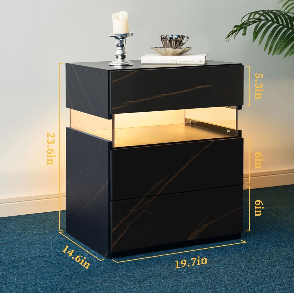Comodino LED con 3 cassetti in legno ingegnerizzato nero e oro
