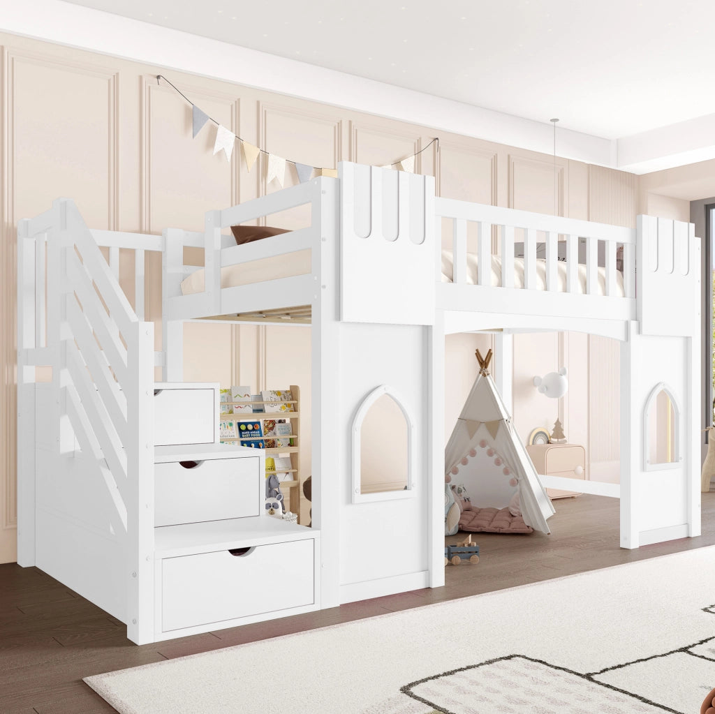 Letto a soppalco 90x200 cm con scala contenitore e finestre in MDF; pino e compensato bianco