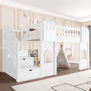 Letto a soppalco 90x200 cm con scala contenitore e finestre in MDF; pino e compensato bianco