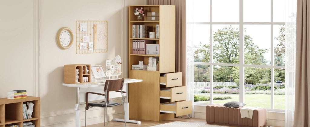 Libreria alta con 3 cassetti e 2 ripiani regolabili, per piccoli spazi, in truciolare, rovere, 60 × 38 × 180 cm
