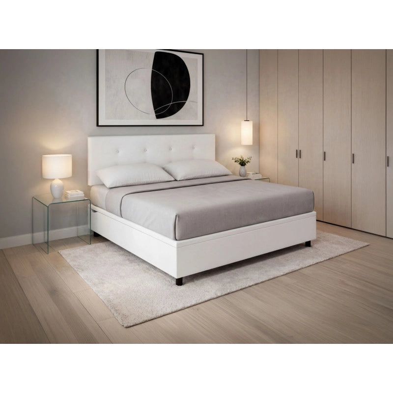 Letto imbottito Matrimoniale 180x190 cm Button - Bianco,Similpelle,Contenitore