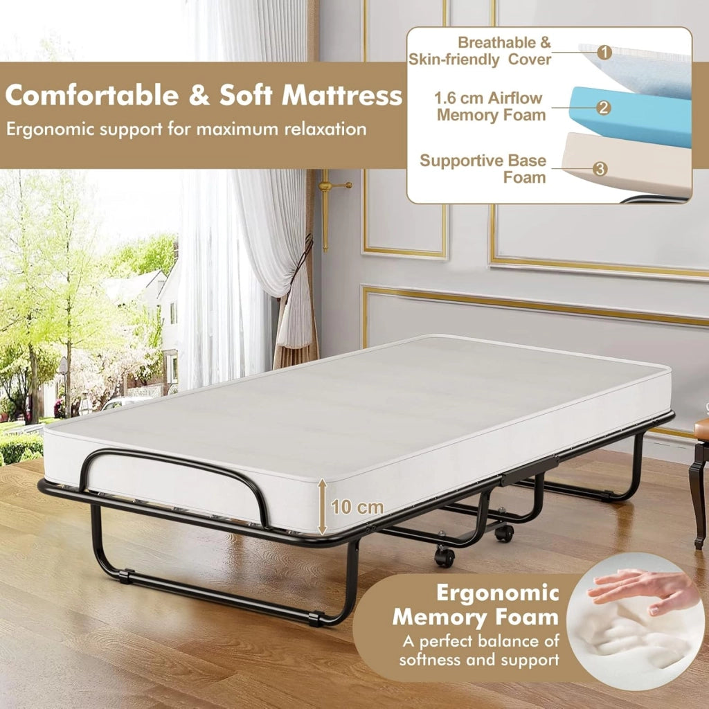 Letto Singolo Pieghevole, Portata di 120 kg, Letto Pieghevole con Materasso e 4 Ruote, 4 Gambe in Mettallo, Fibbia Fissata, 80 x 190 cm, Materasso di 10 cm, Ideale per Viaggio e di Riserva