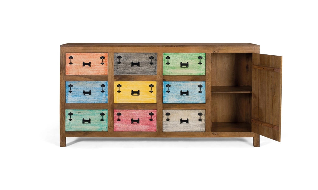 Credenza a 9 cassetti realizzata in legno massello multicolore