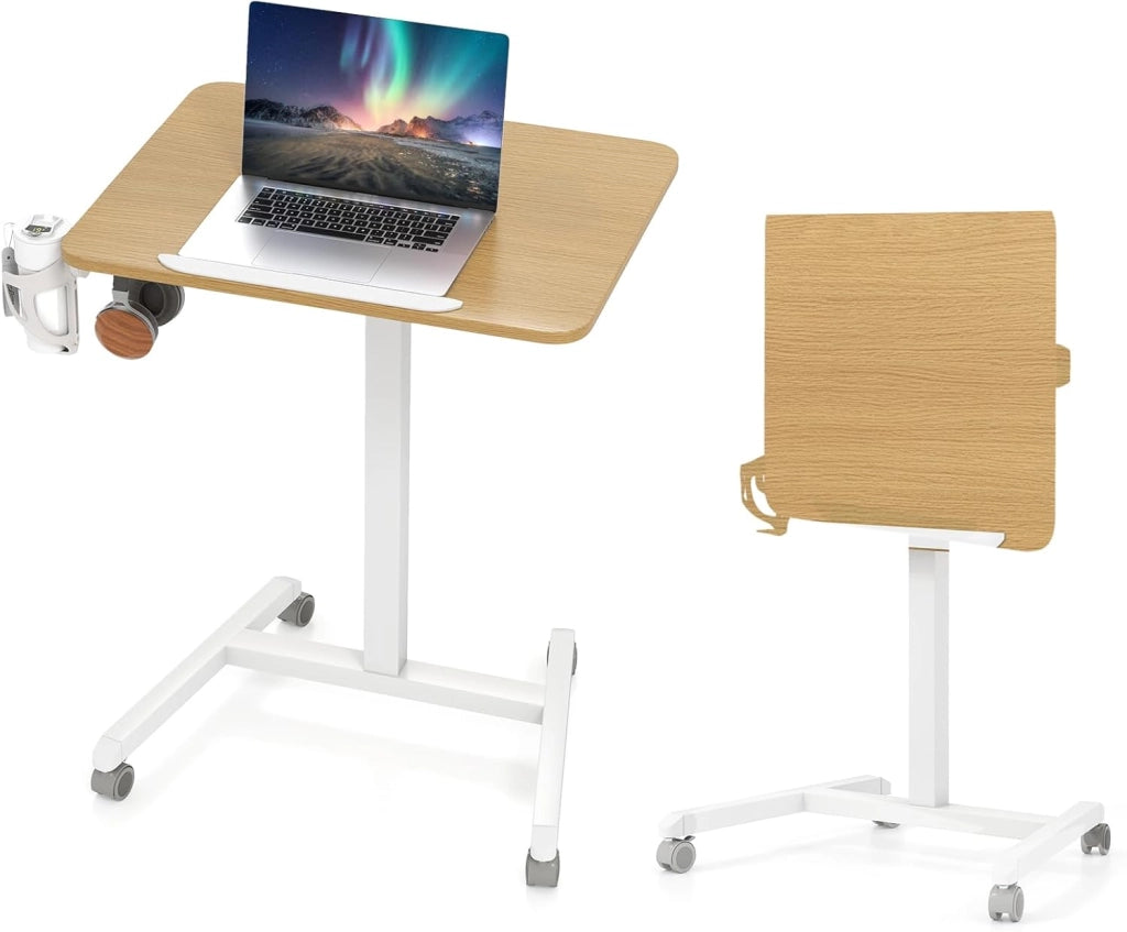 Tavolino regolabile in altezza, scrivania mobile con piano inclinabile di 90°, scrivania per computer con ruote, tavolo per computer portatile con gancio e porta bicchieri, tavolo per la cura