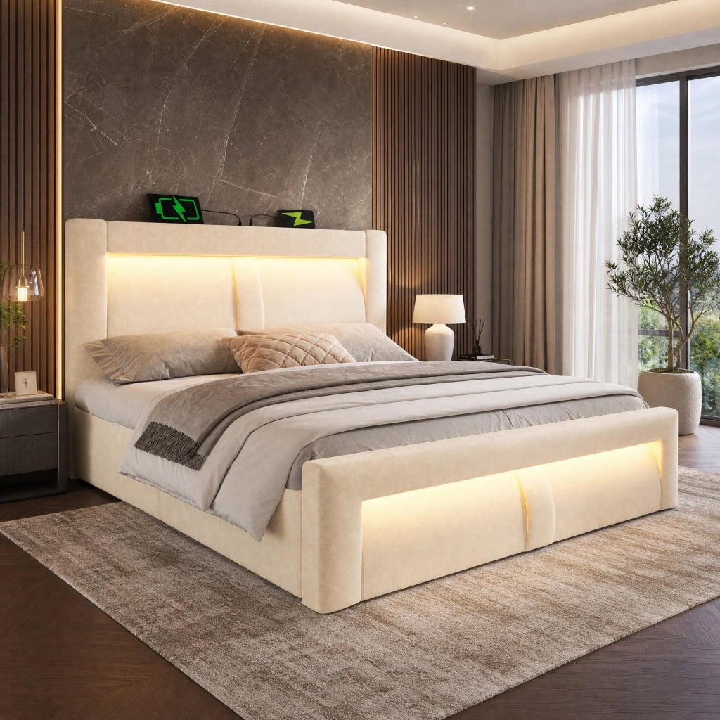 LETTO matrimoniale 180x200 cm con contenitore, LED, USB e Type-C, velluto beige