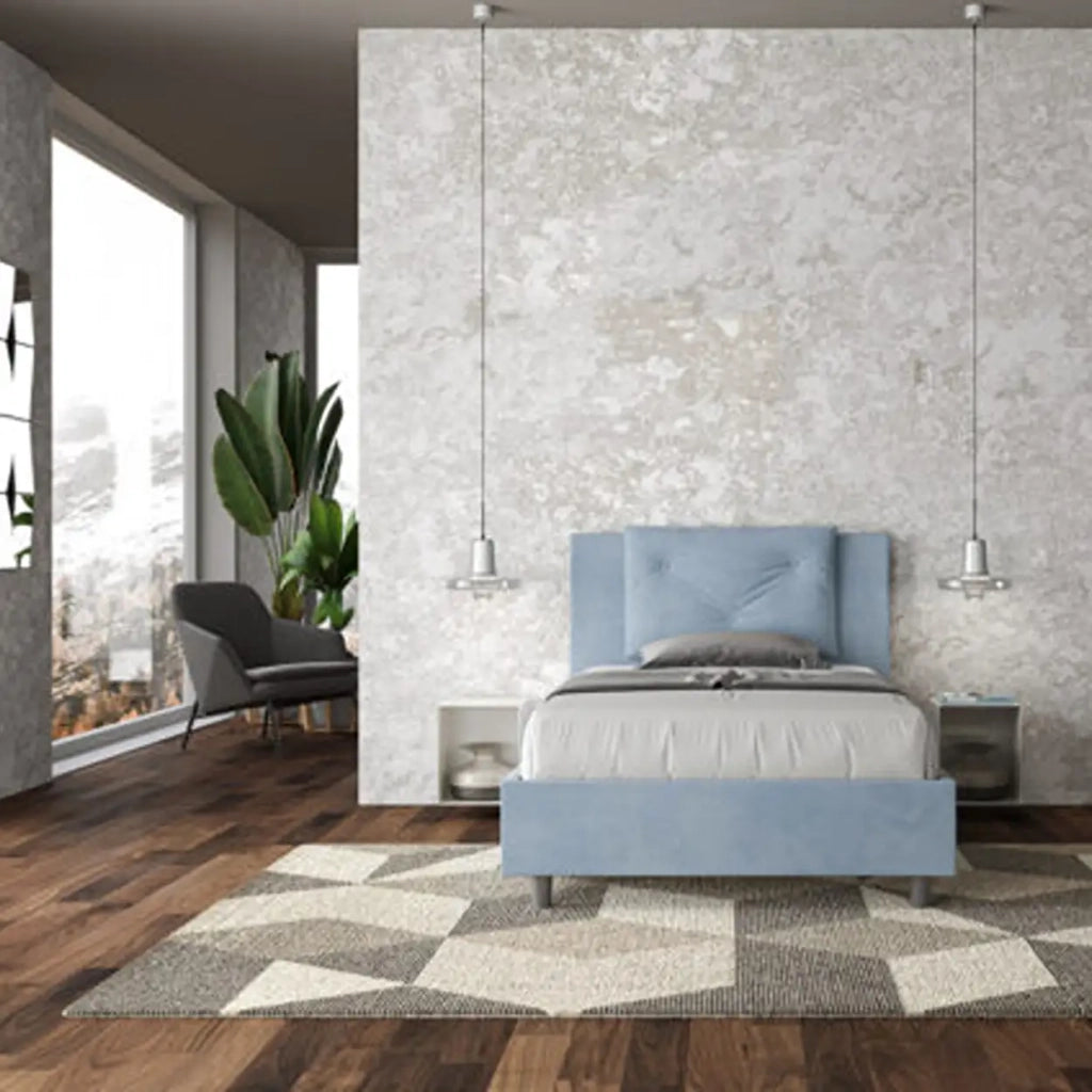 Letto una piazza e mezza senza rete imbottito 120x200 microfibra azzurro Appia