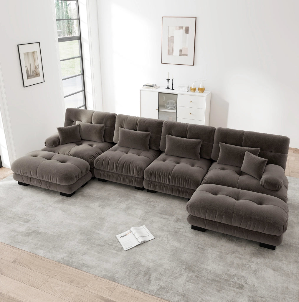 Divano modulare con pouf mobili in ciniglia; marrone; configurabile a U; L o lineare