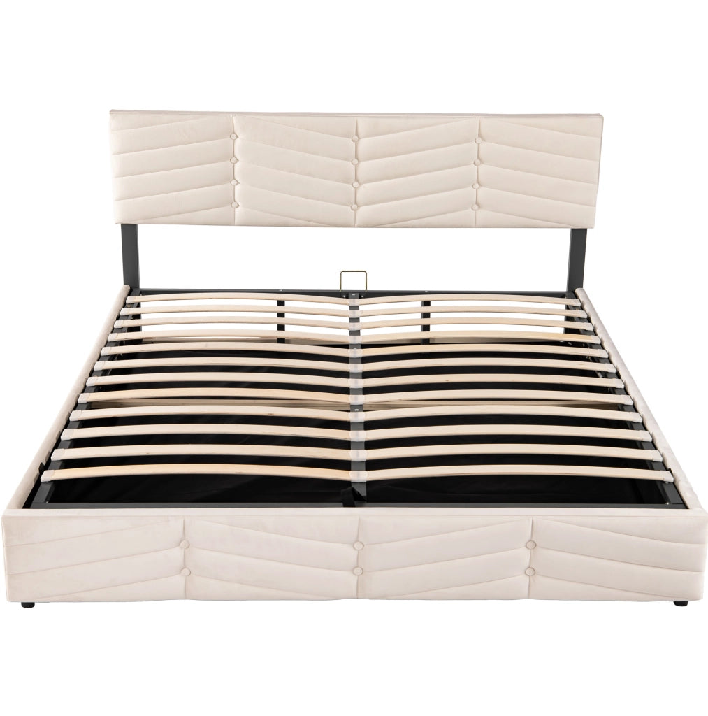 Letto matrimoniale 180x200 cm in velluto beige con testiera regolabile e contenitore