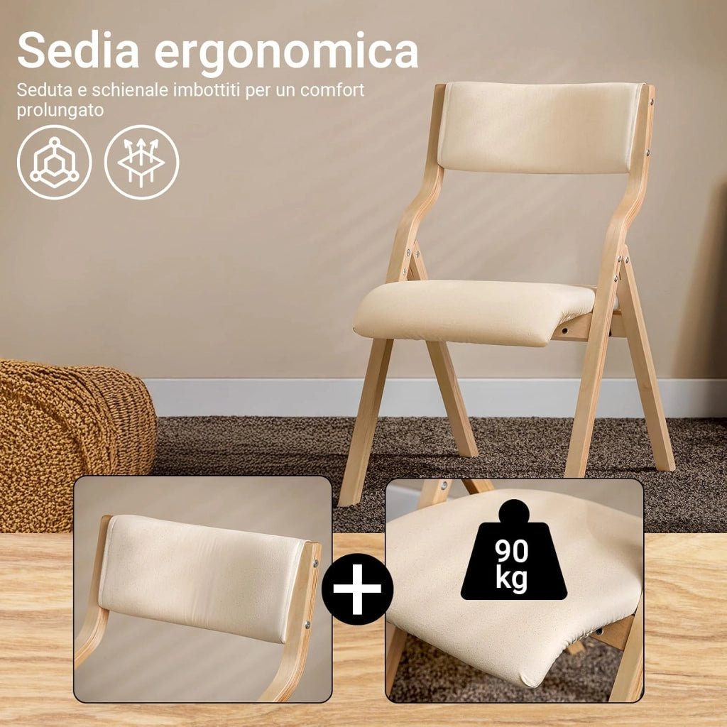 Lotto da 4 Sedie Pieghevoli da Pranzo con Seduta e Schienale Imbottiti, Design Elegante e Salvaspazio Sedie Pieghevoli da Interno, Perfette per Cucina, Ufficio ed Esterno, Beige FST40-W
