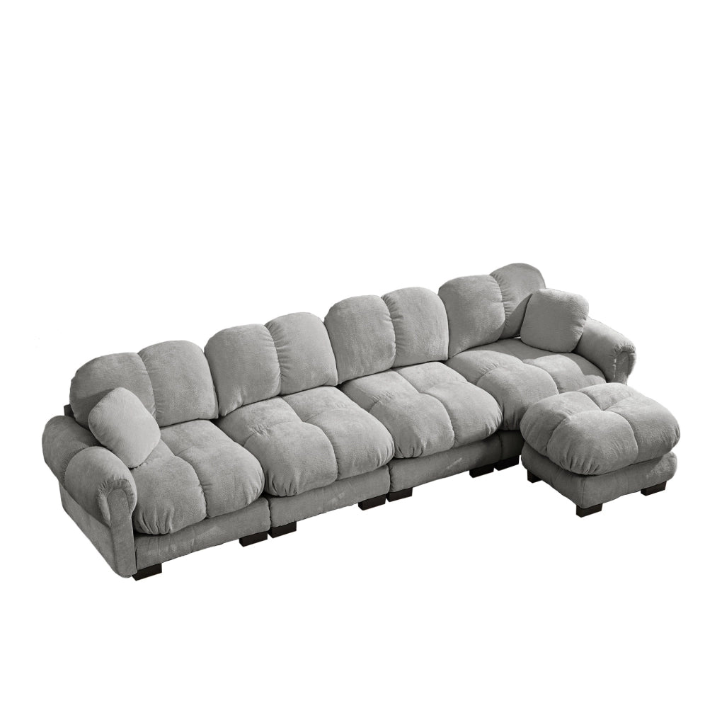 Divano angolare modulare a L 4 posti con pouf mobile 330x149x90 cm in chenille grigio chiaro