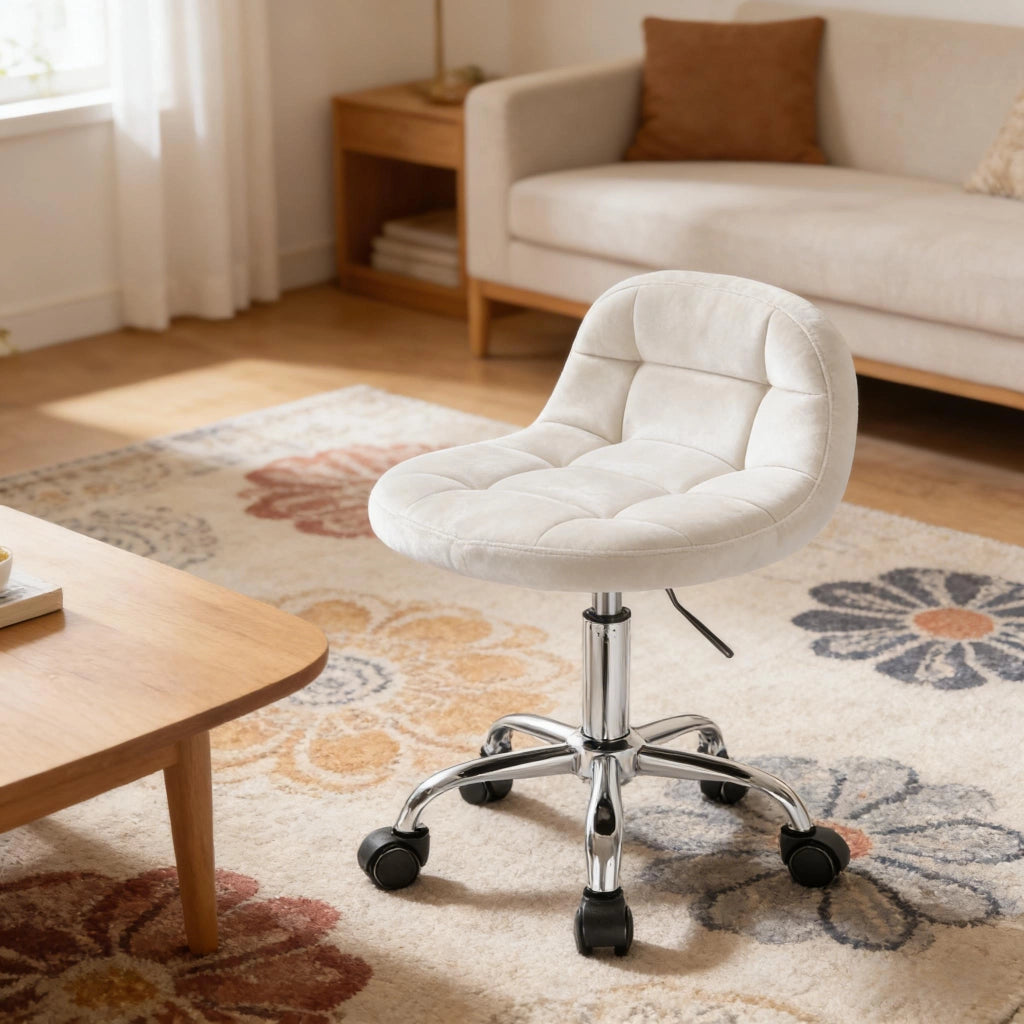 Sedia girevole con ruote in velluto crema, altezza regolabile, base in metallo cromato